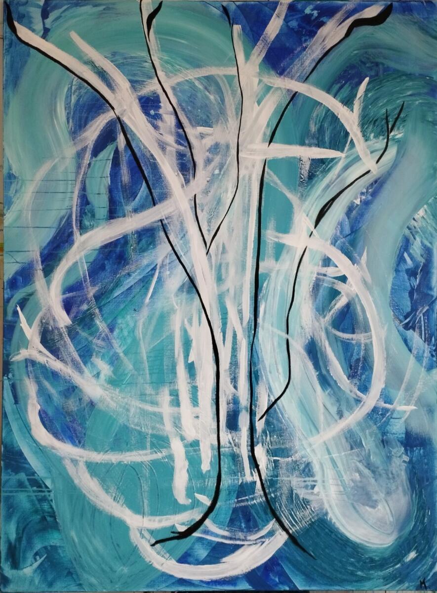 "Ample respiration bleue" Huile sur acrylique sur 120 x 160 cm Gestuelle inspirée du Qi qong #Lechantdeselements Grand format Magda Hoibian 2022