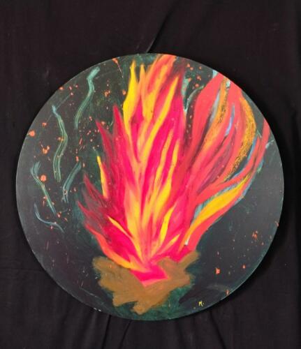 "Flamme " Peinture huile/ acrylique sur tondo de 80 cm de diamètre. Magda Hoibian 2023
