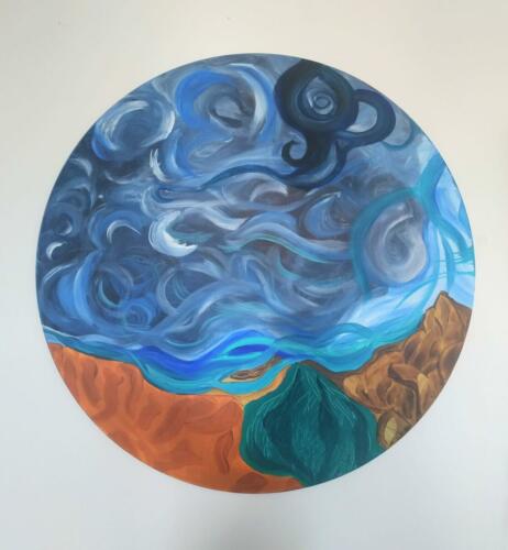 "Les ciels vastes-tondo" acrylique sur tondo de 80 cm de diamètre #Lechantdeselements Magda Hoibian 
